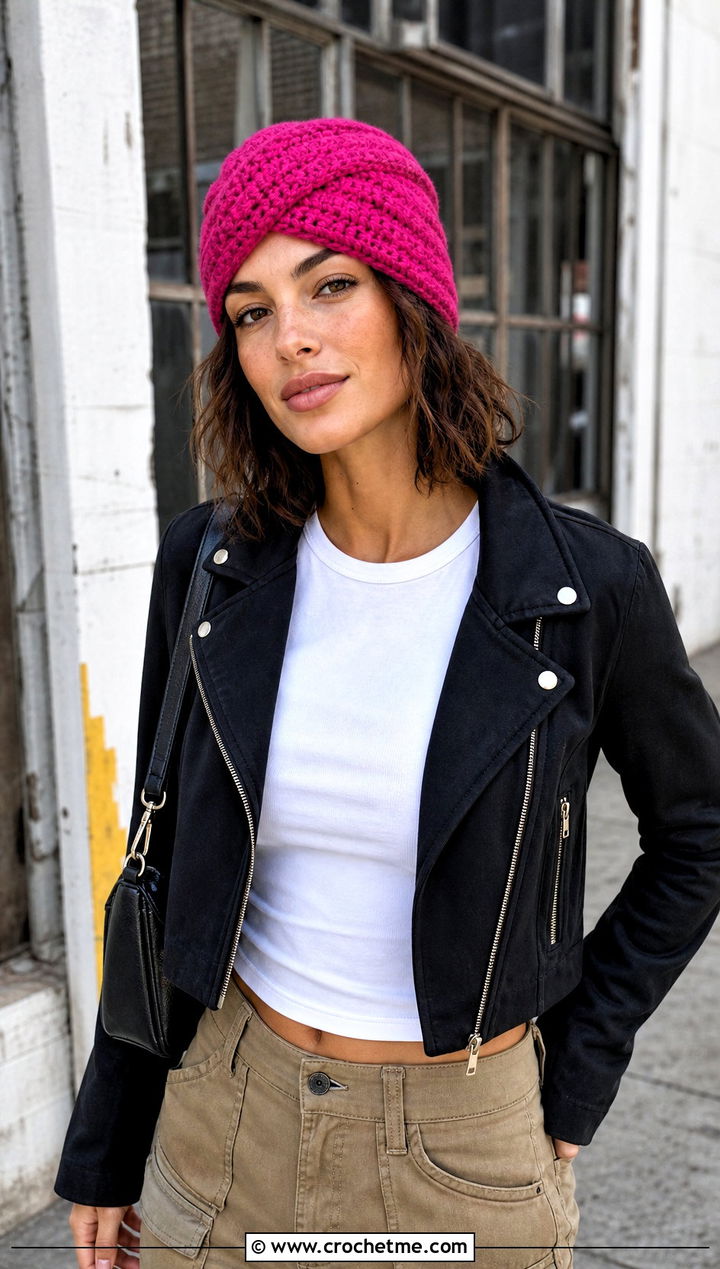 Crossed Double Crochet Beanie With Moto Jacket And Cargo Pants - 30 crochet stitch hat outfit ideas