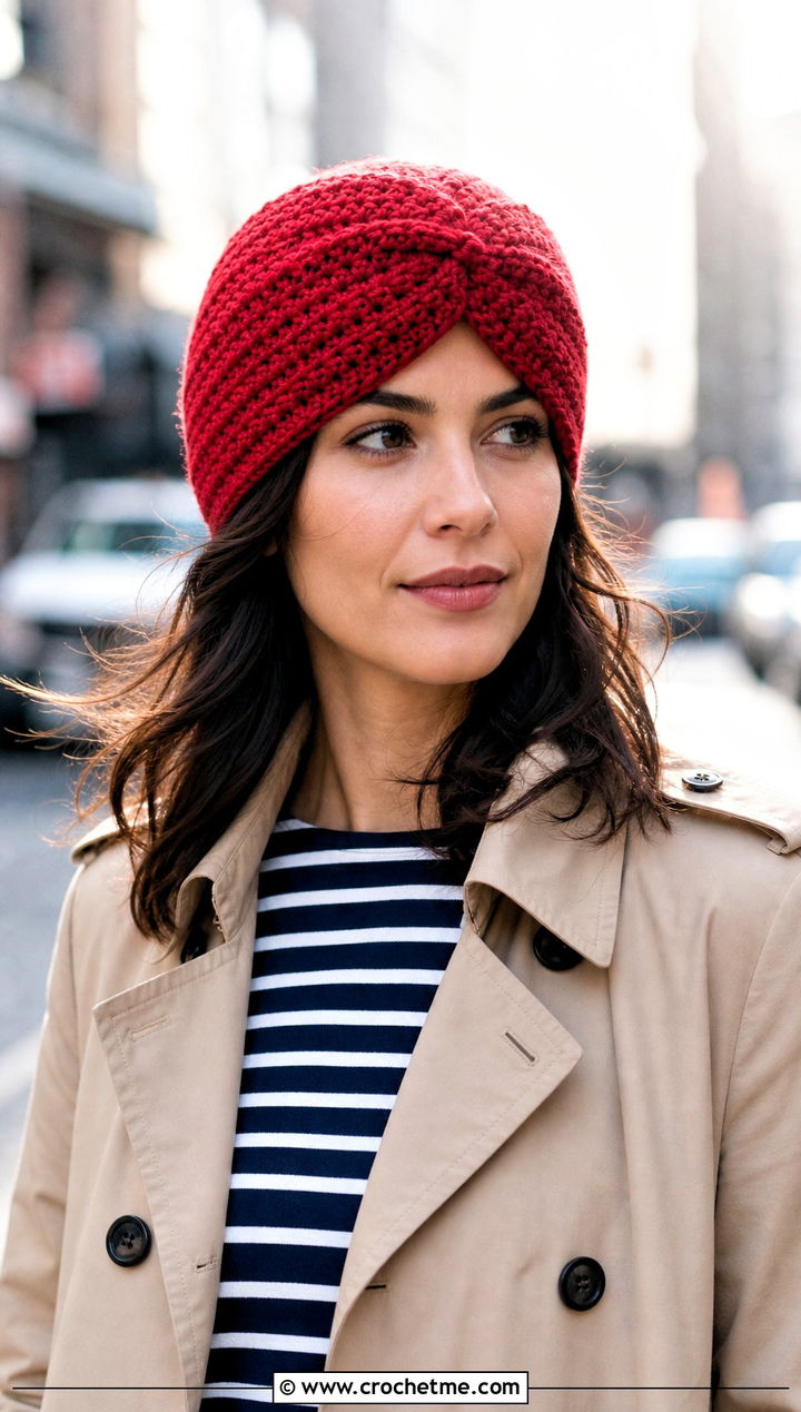 Crossed Front Crochet Turban Hat With Trench Coat And Jeans - 35 crochet turban hat outfit ideas