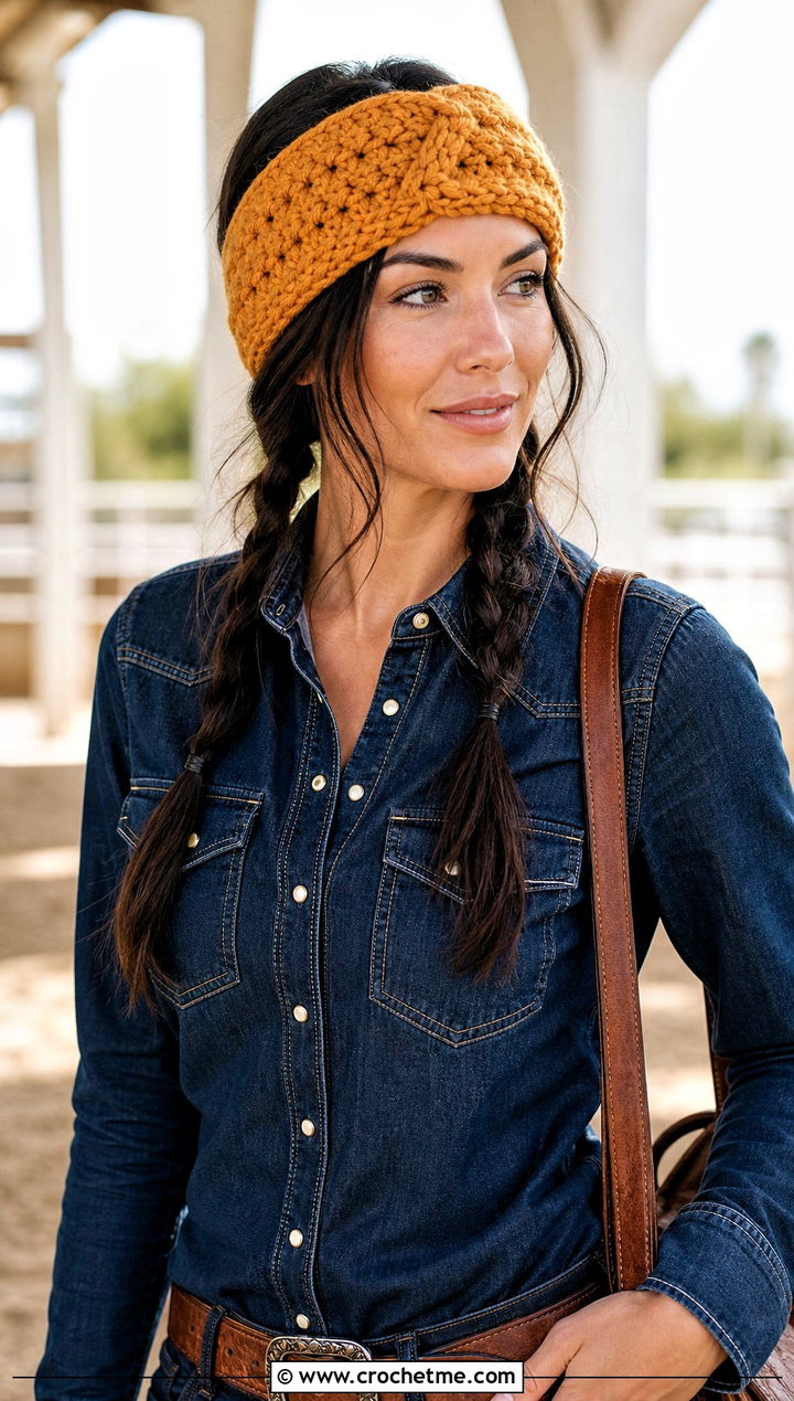 Crossed Stitch Bulky Yarn Crochet Ear Warmer With Western Denim - 20 Bulky Yarn Crochet Ear Warmer outfit ideas