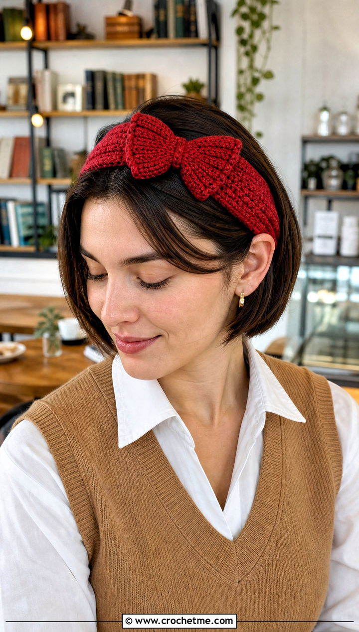 Crossed Stitch Butterfly Crochet Headband With Sweater Vest - 15 crochet butterfly headband outfit ideas