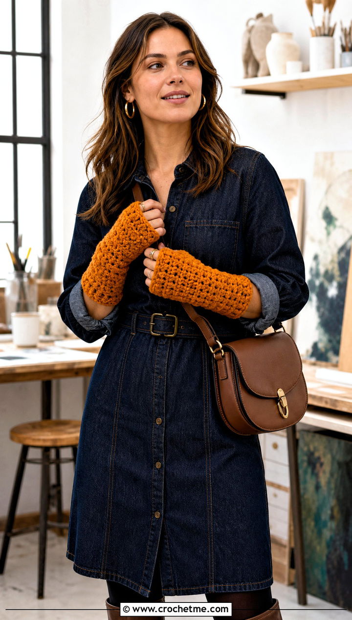 Crossed Stitch Chunky Crochet Fingerless Gloves With Denim Dress - 30 chunky yarn crochet fingerless gloves outfit ideas