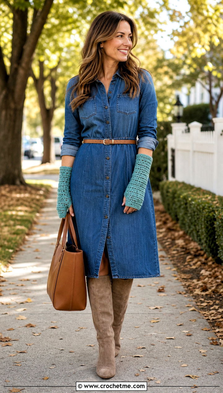 Crossed Stitch Crochet Wrist Warmers With Denim Dress - 35 crochet wrist warmers outfit ideas