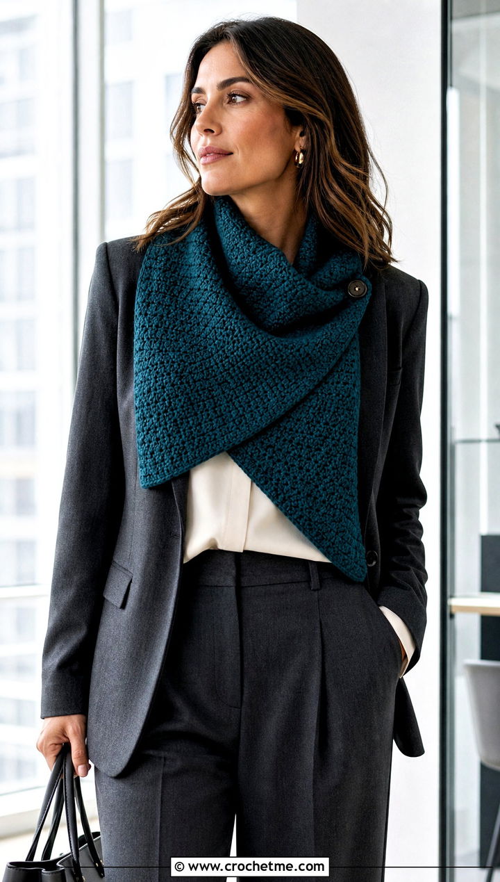 Crossover Button Cowl With Tailored Trousers - 15 Button Crochet Scarf outfit ideas