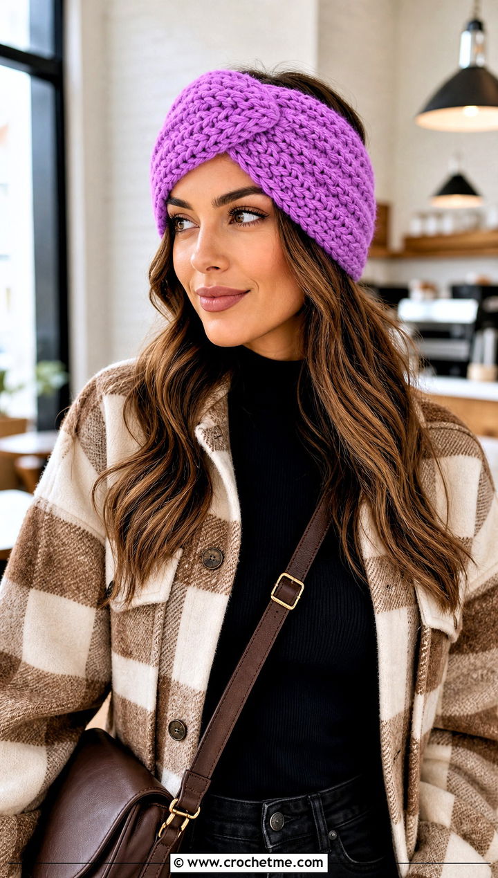Crossover Chunky Crochet Ear Warmer With Shacket - 30 chunky crochet ear warmer outfit ideas
