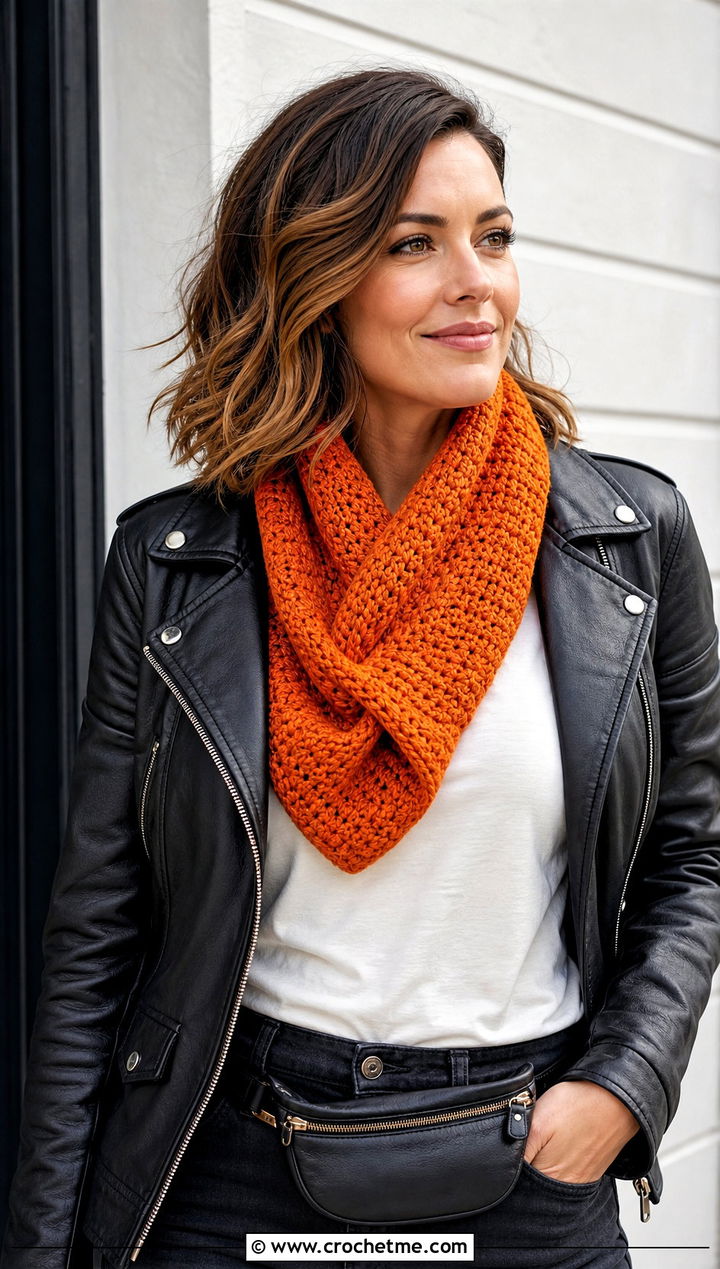 Crossover Cowl With Leather Jacket - 15 Cowls To Crochet outfit ideas
