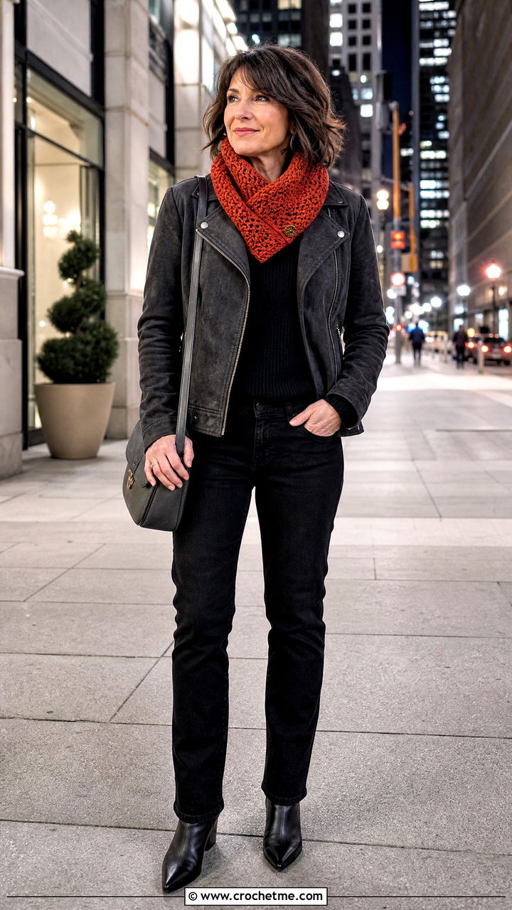 Crossover Crochet Cowl Neck Warmer With Moto Jacket Outfit - 35 crochet cowl neck warmer outfit ideas