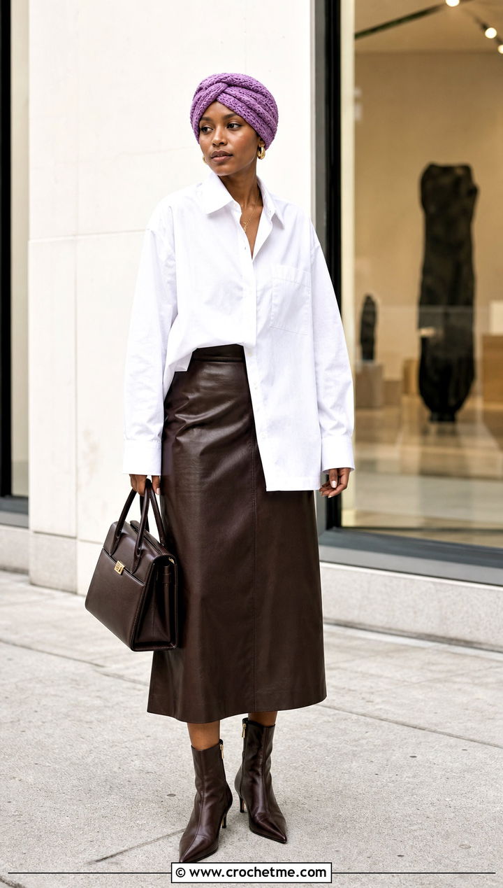 Crossover Crochet Turban With Leather Midi Skirt - 35 crochet turban outfit ideas