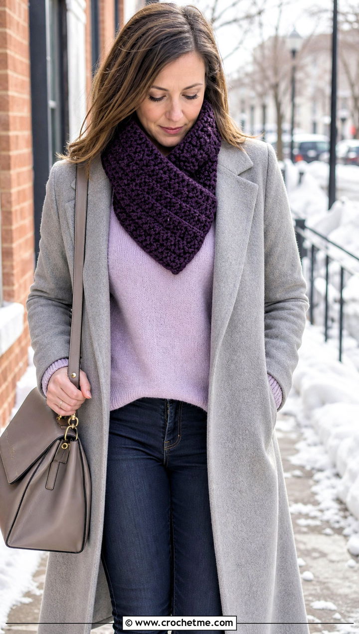 Crossover Crocheted Cowl With Wool Coat And Ankle Boots - 25 Crocheted Cowl outfit ideas