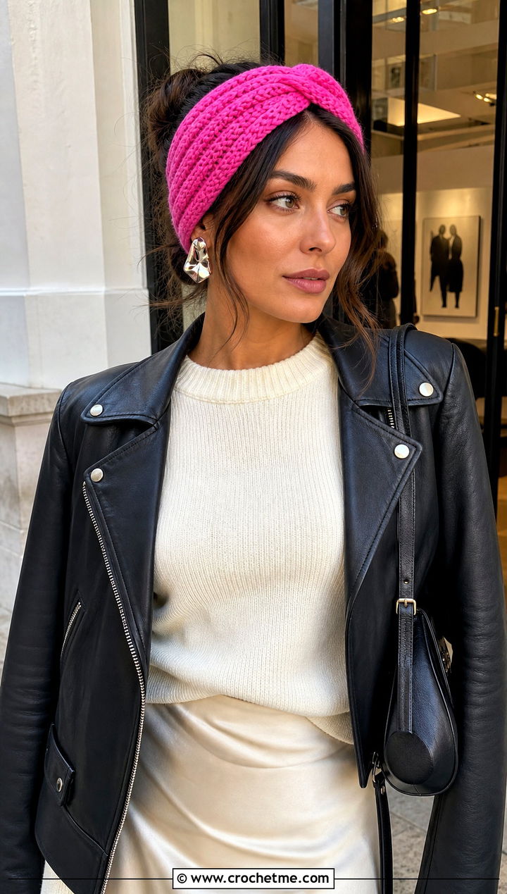 Crossover Ribbed Crochet Headband With Leather Jacket - 15 Cozy Ribbed Crochet Headband outfit ideas