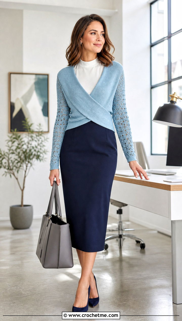 Crossover Wrap Around Shrug With Pencil Skirt - 25 Crochet Wrap Around Shrug outfit ideas