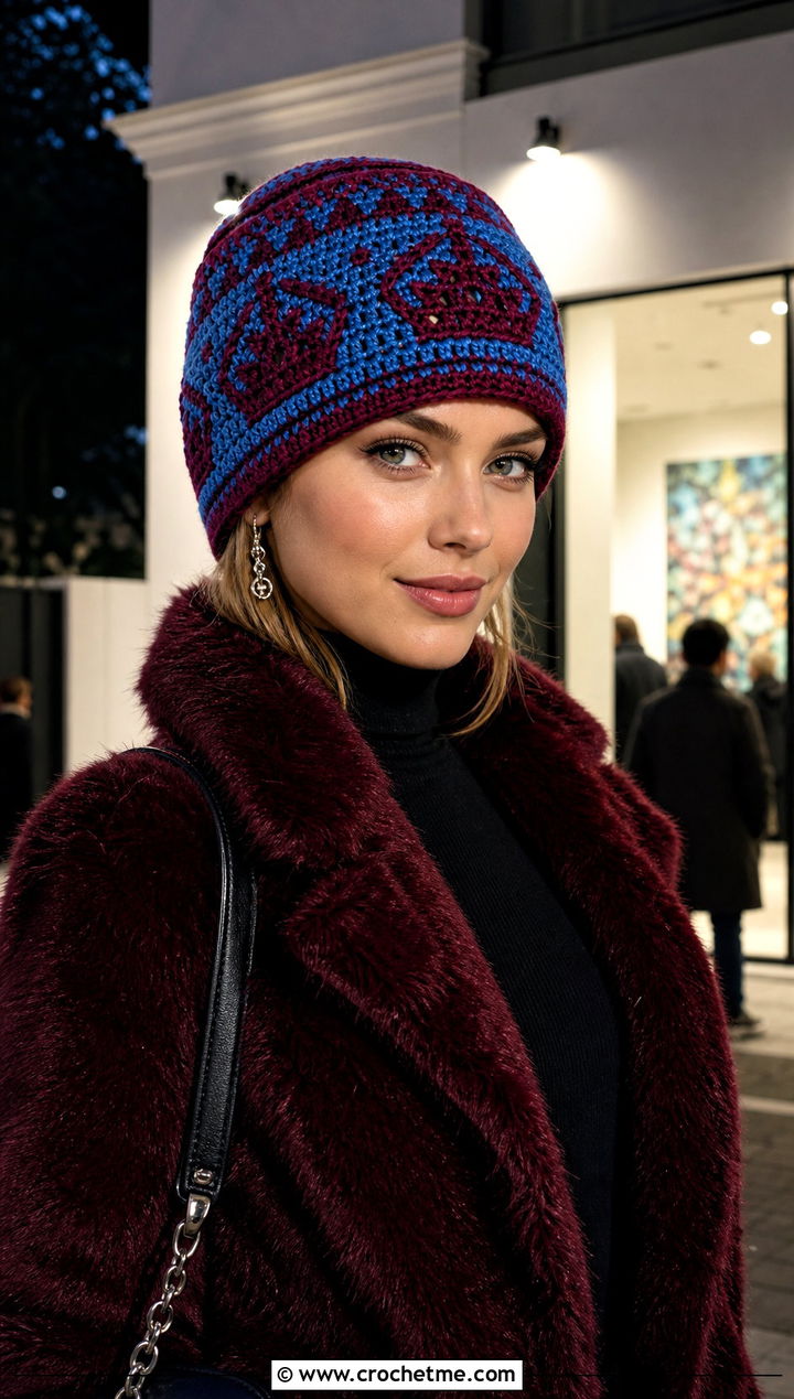 Crown Pattern Mosaic Crochet Beanie With Faux Fur Coat - 25 Mosaic Crochet Beanie outfit ideas