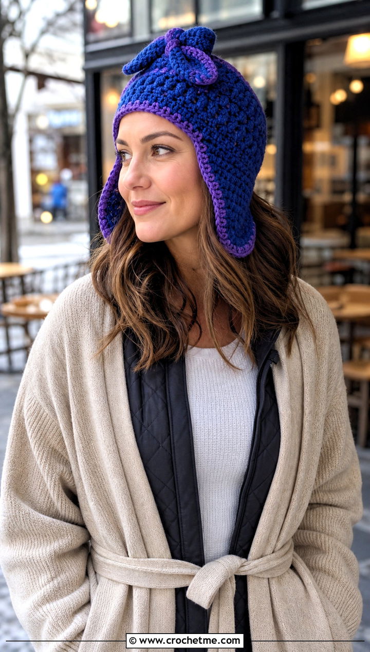 Crown Tie Crochet Russian Hat With Long Cardigan - 35 crochet russian hat outfit ideas