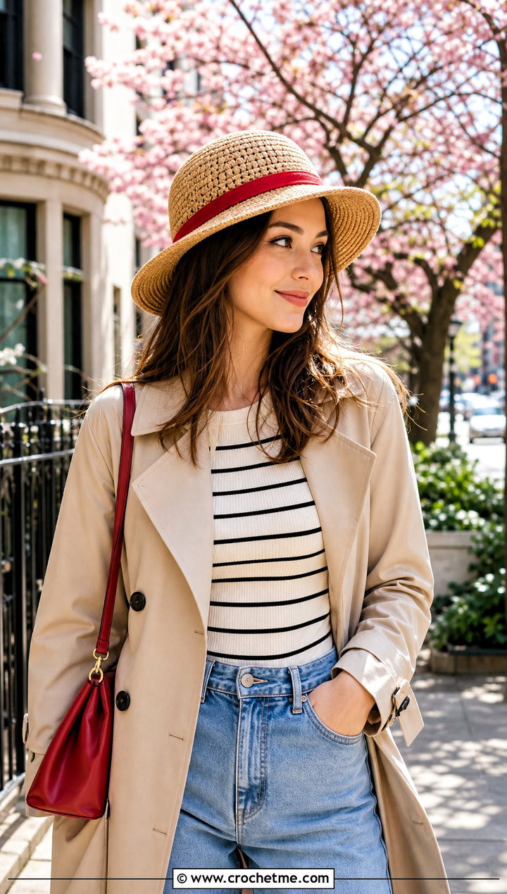 Crowned Sun Hat Luffy Crochet Straw Hat With Trench Coat And Jeans - 25 luffy crochet straw hat outfit ideas