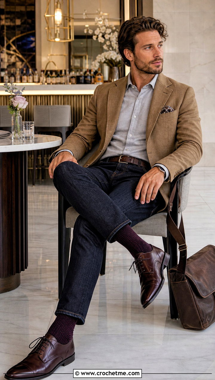 Cuff Down Crochet Socks With Blazer And Dark Denim - 25 men's crochet socks outfit ideas