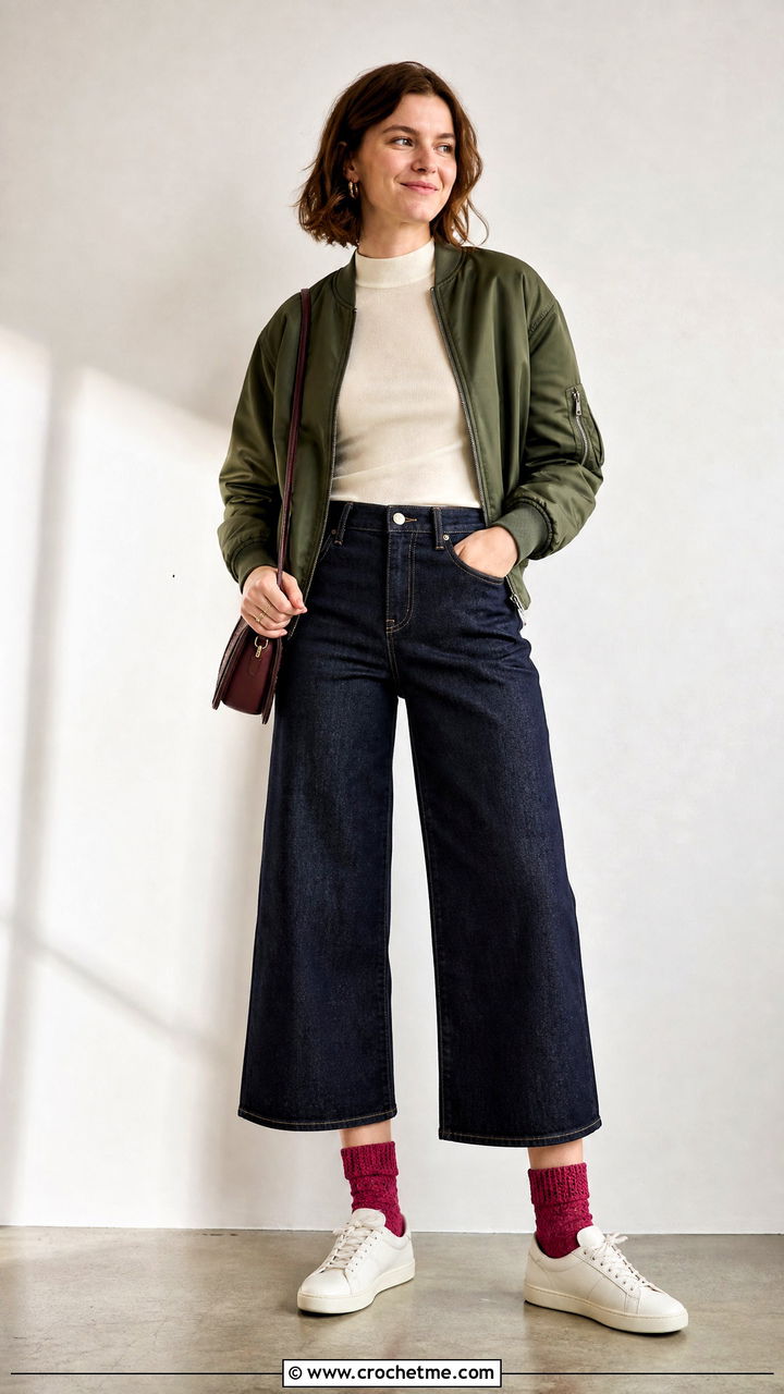 Cuff Down Crochet Socks With Wide Leg Jeans - 35 crochet socks for beginners outfit ideas