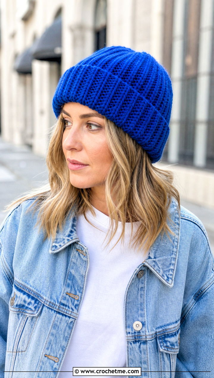 Cuffed Hour Crochet Hat With Denim Jacket - 15 1.5 Hour Crochet Hat outfit ideas