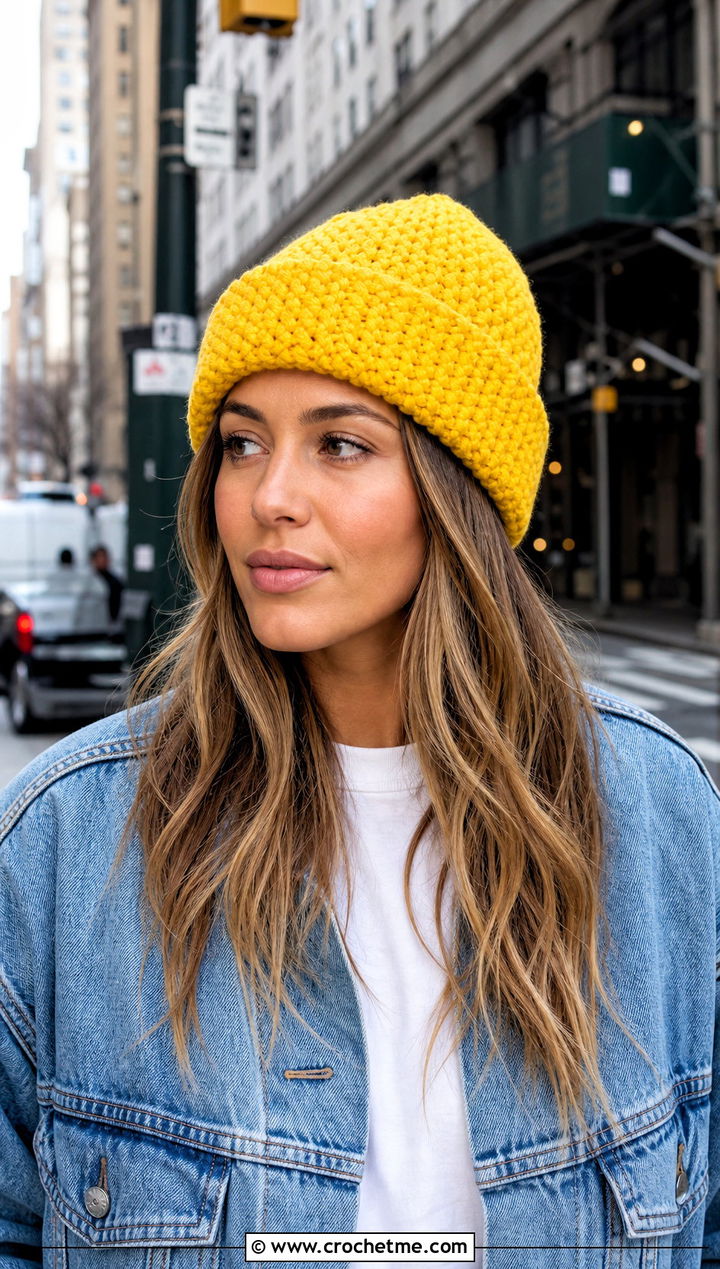 Cuffed Alpine Stitch Beanie With Denim Jacket - 15 Alpine Stitch Crochet Hat outfit ideas