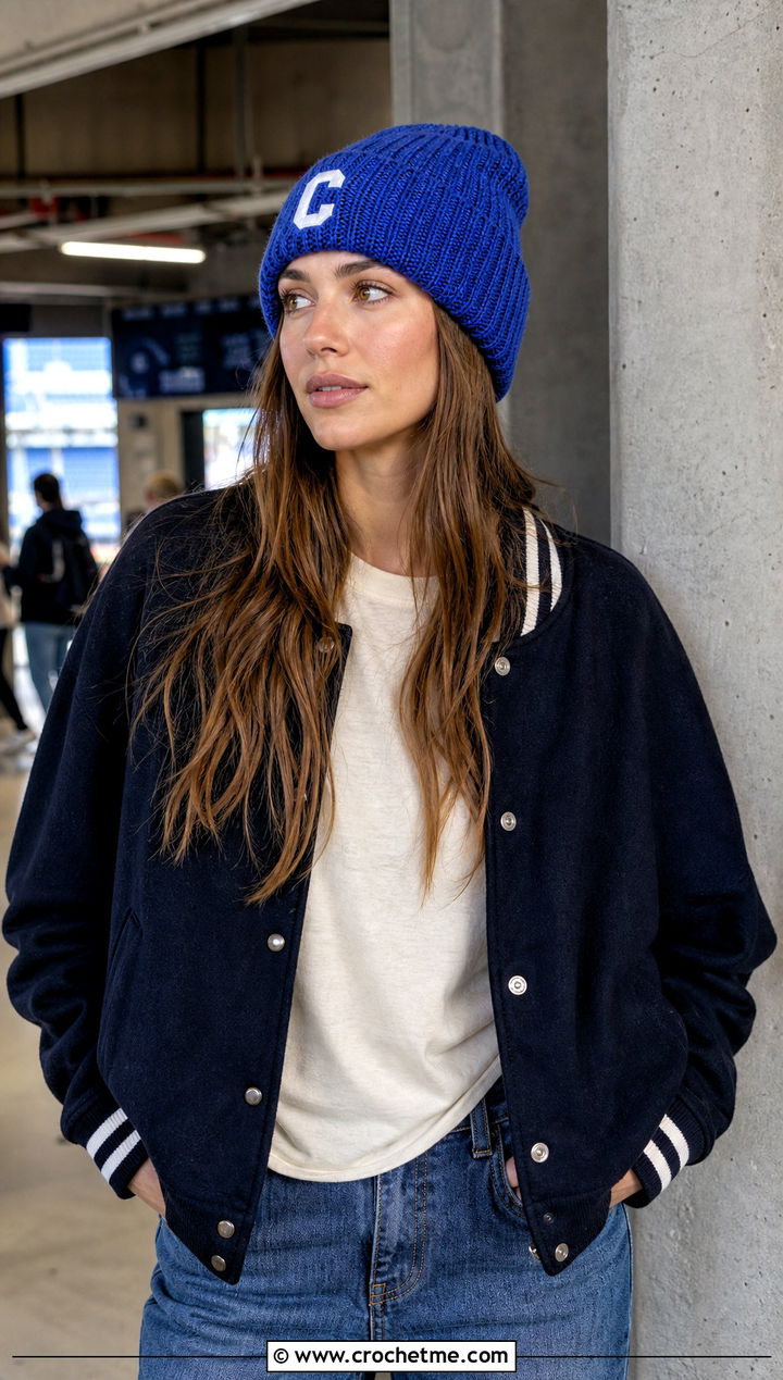 Cuffed Baseball Crochet Beanie With Varsity Jacket And Jeans - 15 Baseball Crochet Beanie outfit ideas