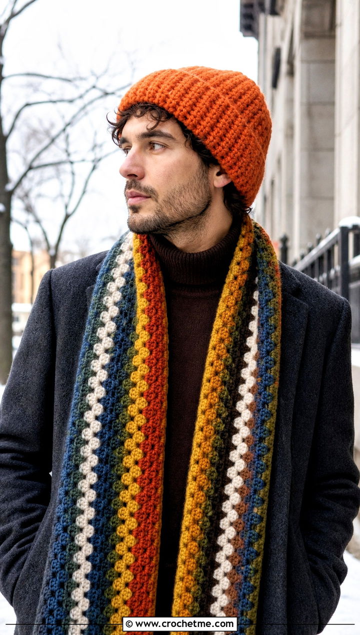 Cuffed Beanie And Granny Stripe Scarf With Wool Coat - 15 Mens Crochet Hat And Scarf outfit ideas