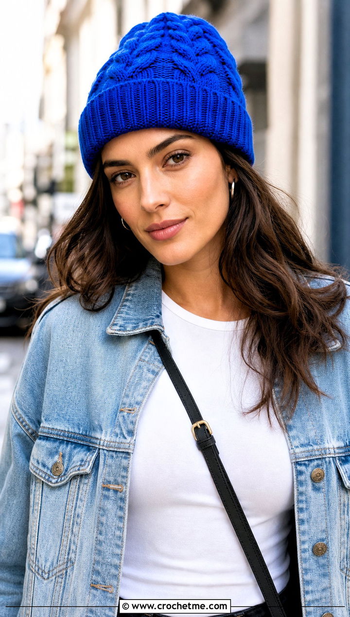 Cuffed Braided Cable Beanie With Denim Jacket - 20 Crochet Cable Stitch Beanie outfit ideas