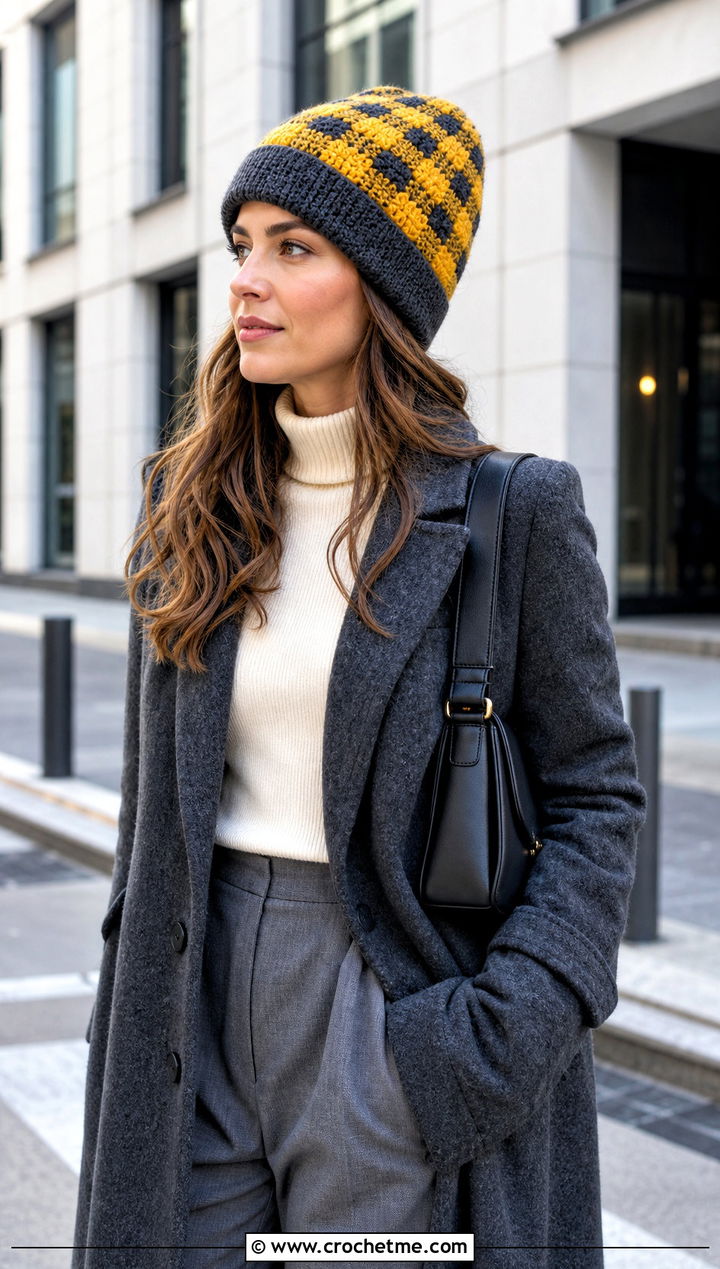 Cuffed Buffalo Plaid Crochet Beanie With Wool Coat And Trousers - 20 Buffalo Plaid Crochet Hat outfit ideas