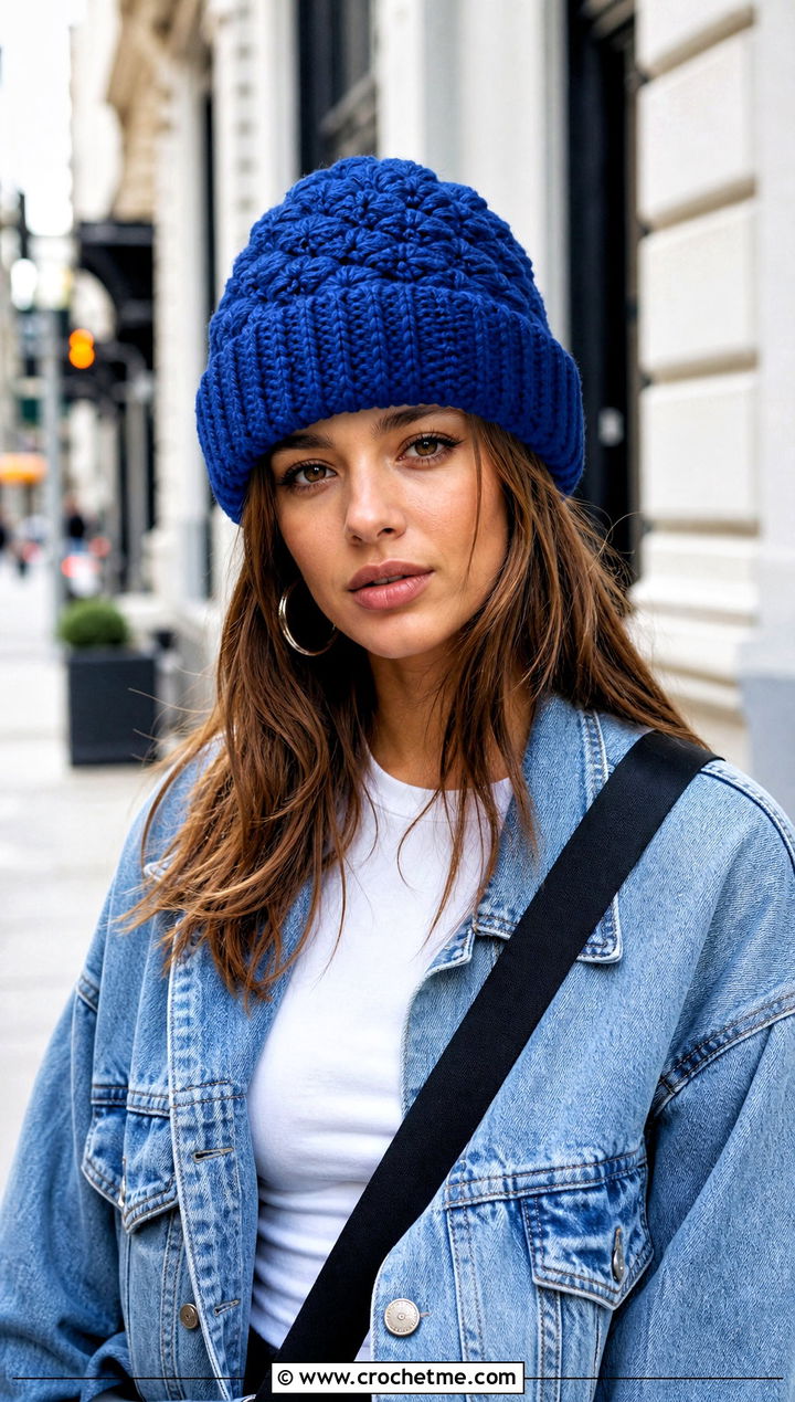Cuffed Burst Crochet Beanie With Denim Jacket - 15 burst crochet beanie outfit ideas