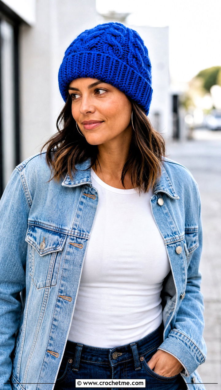 Cuffed Cable Crochet Beanie With Denim Jacket - 25 Cable Knit Crochet Hat outfit ideas