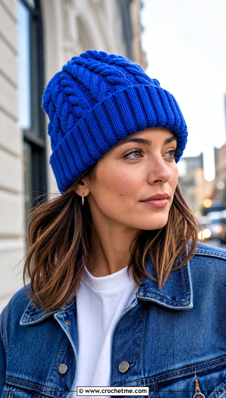 Cuffed Cable Stitch Beanie With Denim Jacket - 25 Crochet Cable Stitch Hat outfit ideas