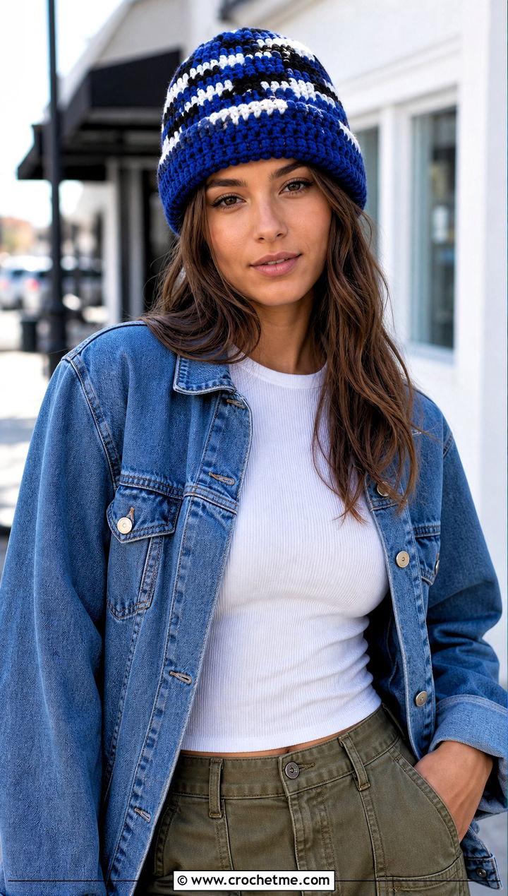 Cuffed Camo Crochet Beanie With Denim Jacket - 20 Camo Beanie Crochet Hat outfit ideas