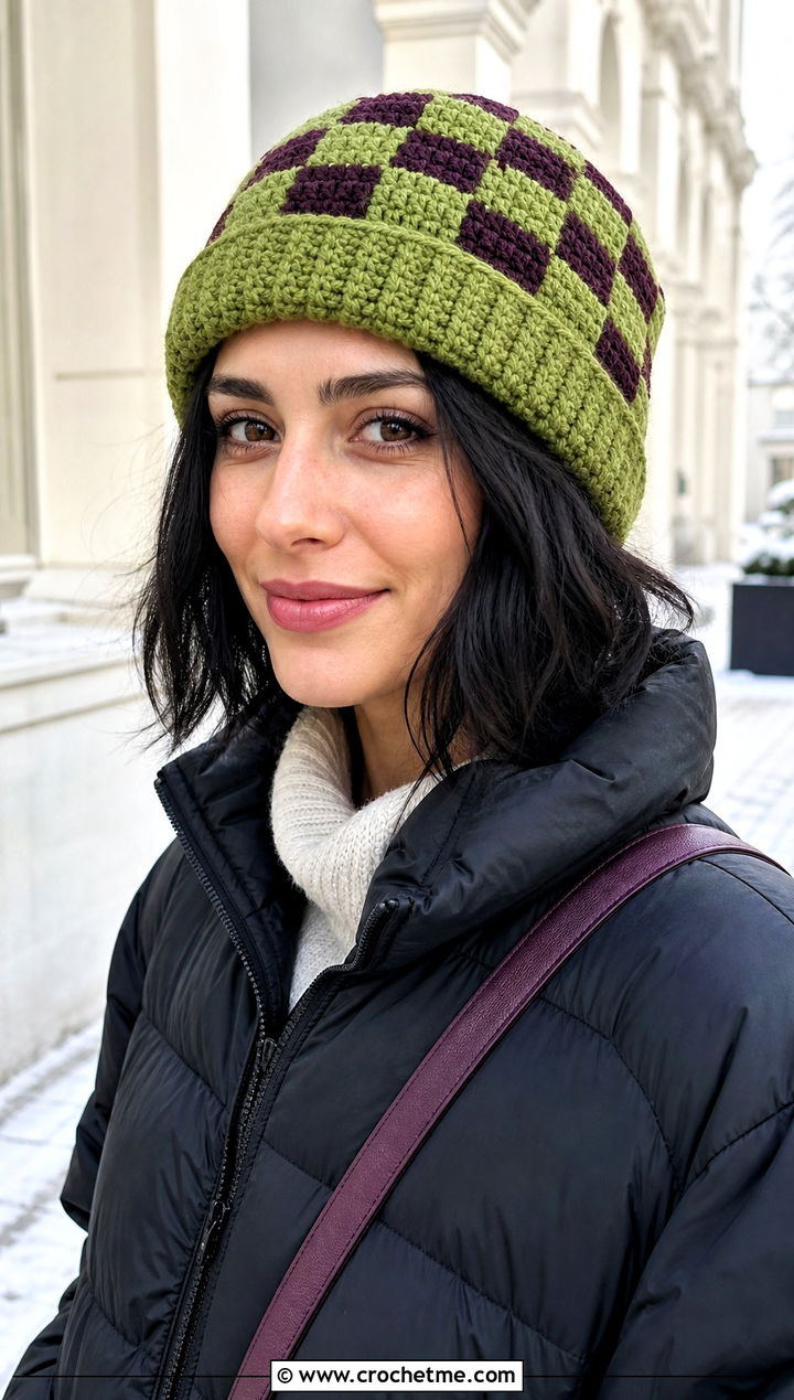 Cuffed Checkered Crochet Beanie With Puffer Jacket - 15 Checkered Crochet Hat outfit ideas