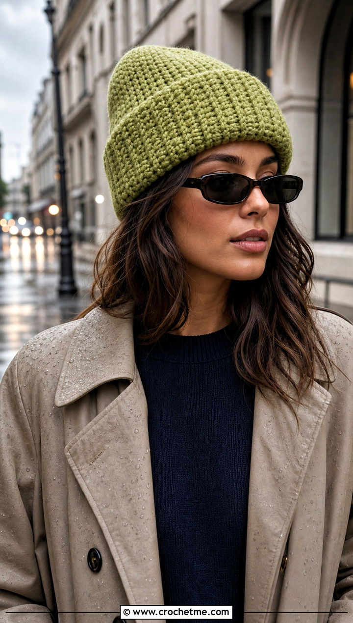 Cuffed Chunky Beanie With Trench Coat - 35 crochet chunky beanie outfit ideas