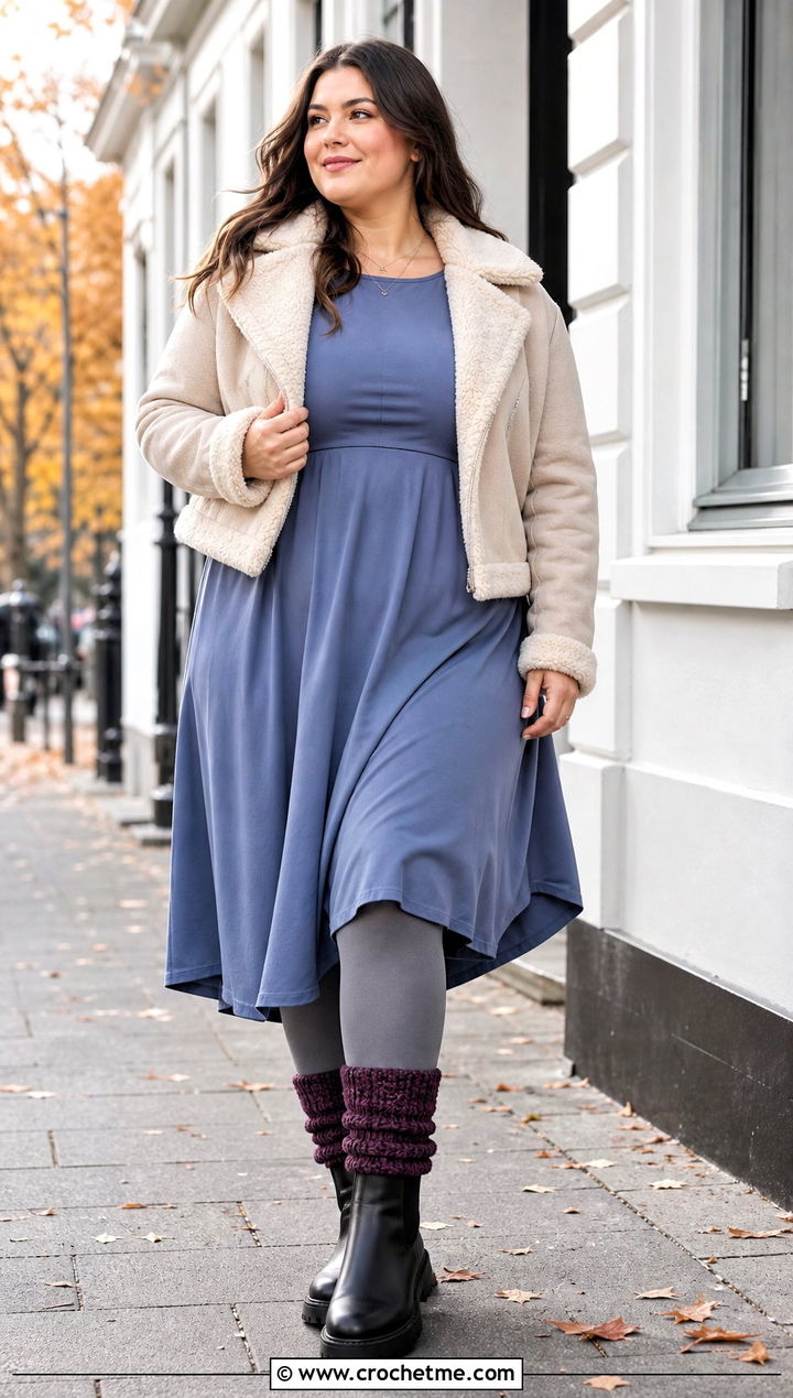 Cuffed Chunky Crochet Leg Warmers With Midi Dress - 25 chunky crochet leg warmers outfit ideas