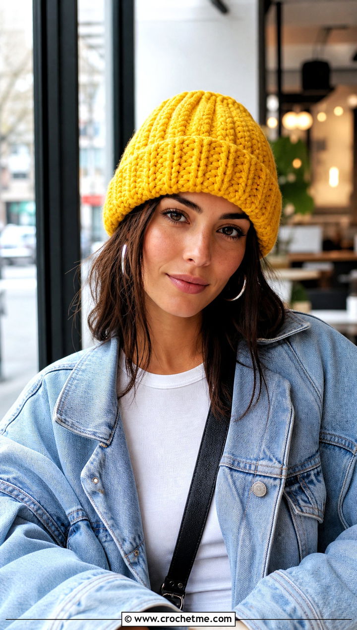 Cuffed Chunky Ribbed Crochet Beanie With Denim Jacket - 25 Chunky Ribbed Crochet Hat outfit ideas