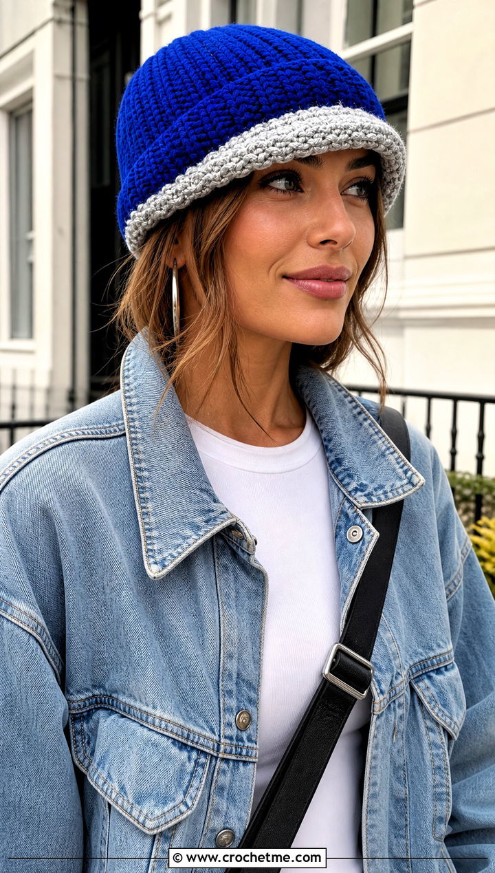 Cuffed Crewmate Beanie With Denim Jacket - 20 Among Us Crochet Hat outfit ideas