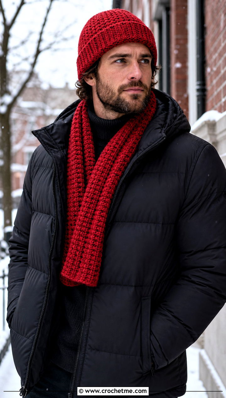 Cuffed Crochet Beanie And Classic Scarf With Puffer Jacket - 20 Crochet Mens Hat And Scarf outfit ideas