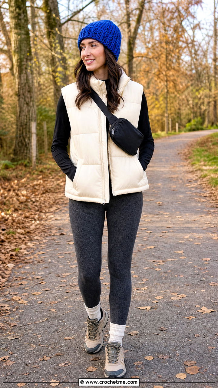 Cuffed Crochet Beanie Cap With Puffer Vest - 35 crochet cap outfit ideas