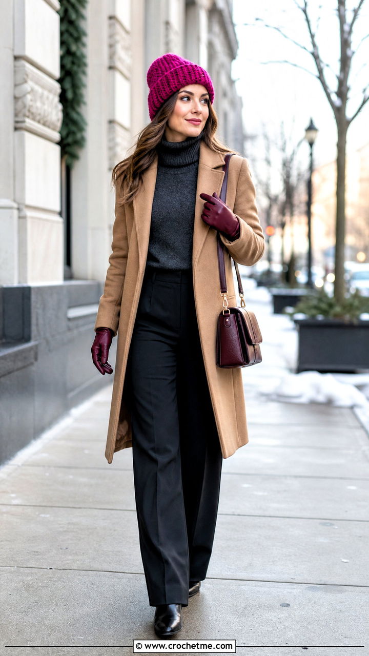 Cuffed Crochet Beanie With A Wool Coat - 35 easy crochet hats outfit ideas