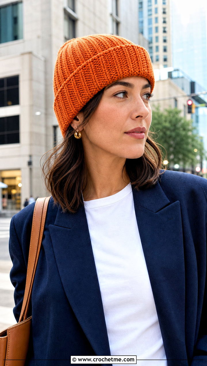 Cuffed Crochet Beanie With Blazer - 25 Quick Crochet Hats outfit ideas