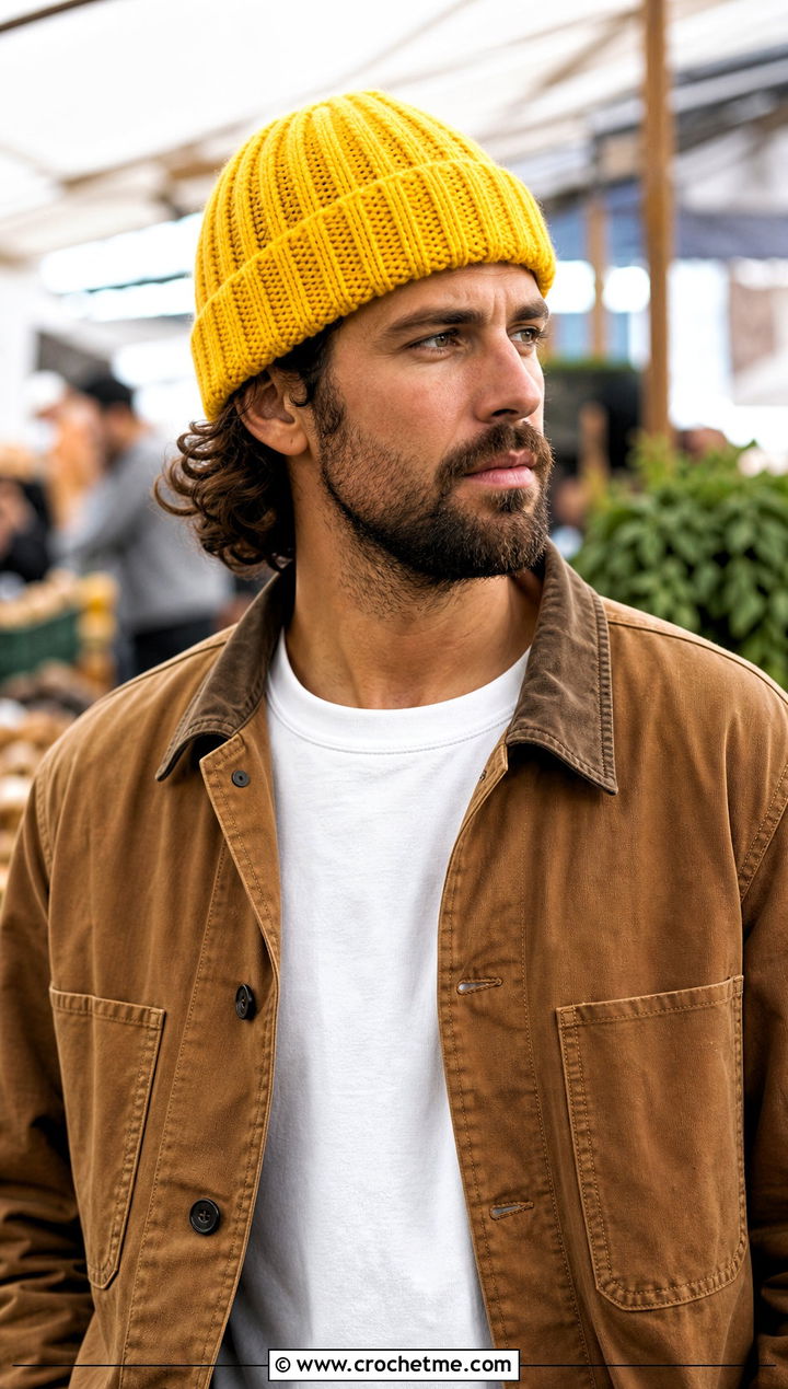 Cuffed Crochet Beanie With Chore Jacket - 25 crocheted mens hats outfit ideas