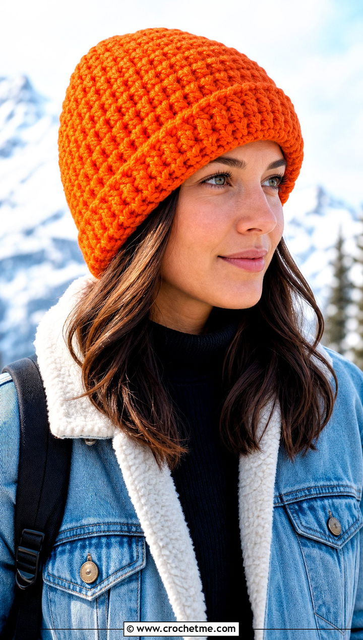 Cuffed Crochet Beanie With Denim Jacket - 20 Warm Crochet Hat outfit ideas