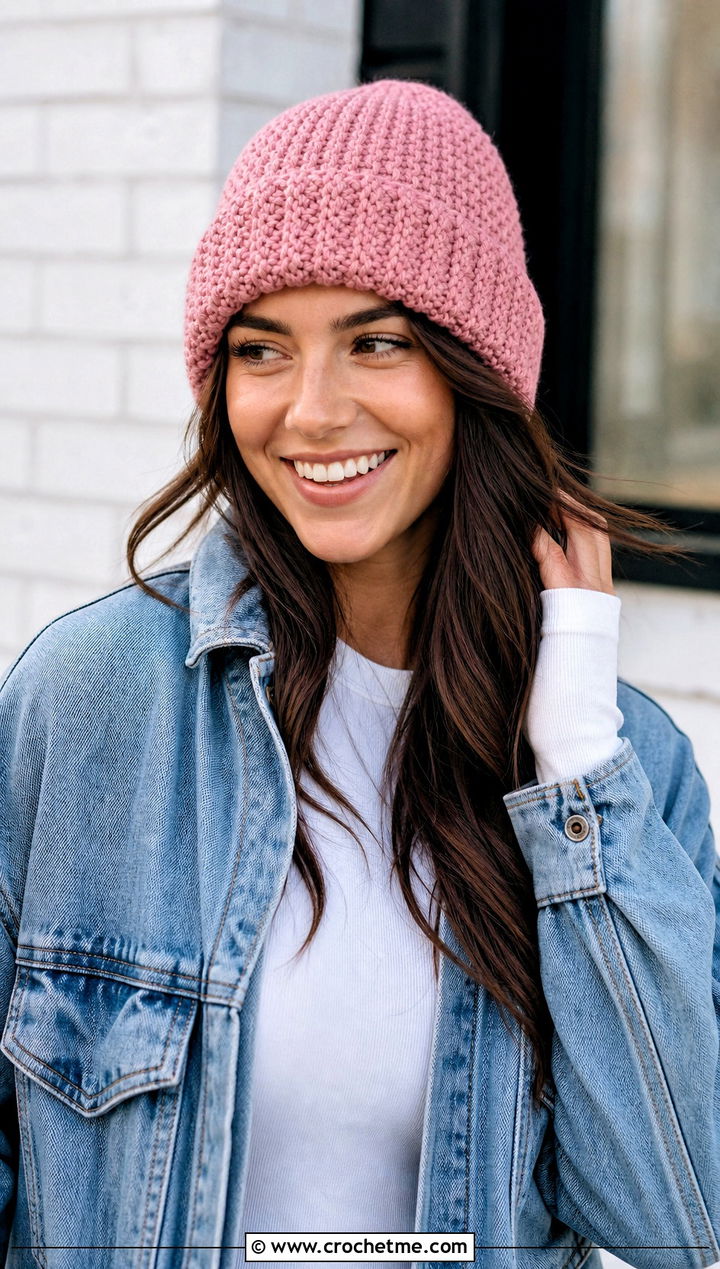 Cuffed Crochet Beanie With Denim Jacket - 35 one piece crochet hat outfit ideas