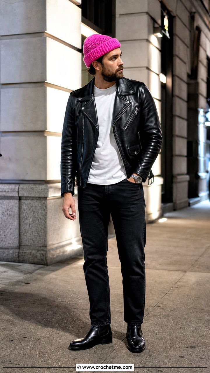 Cuffed Crochet Beanie With Leather Jacket And Black Jeans - 35 crochet hat men outfit ideas