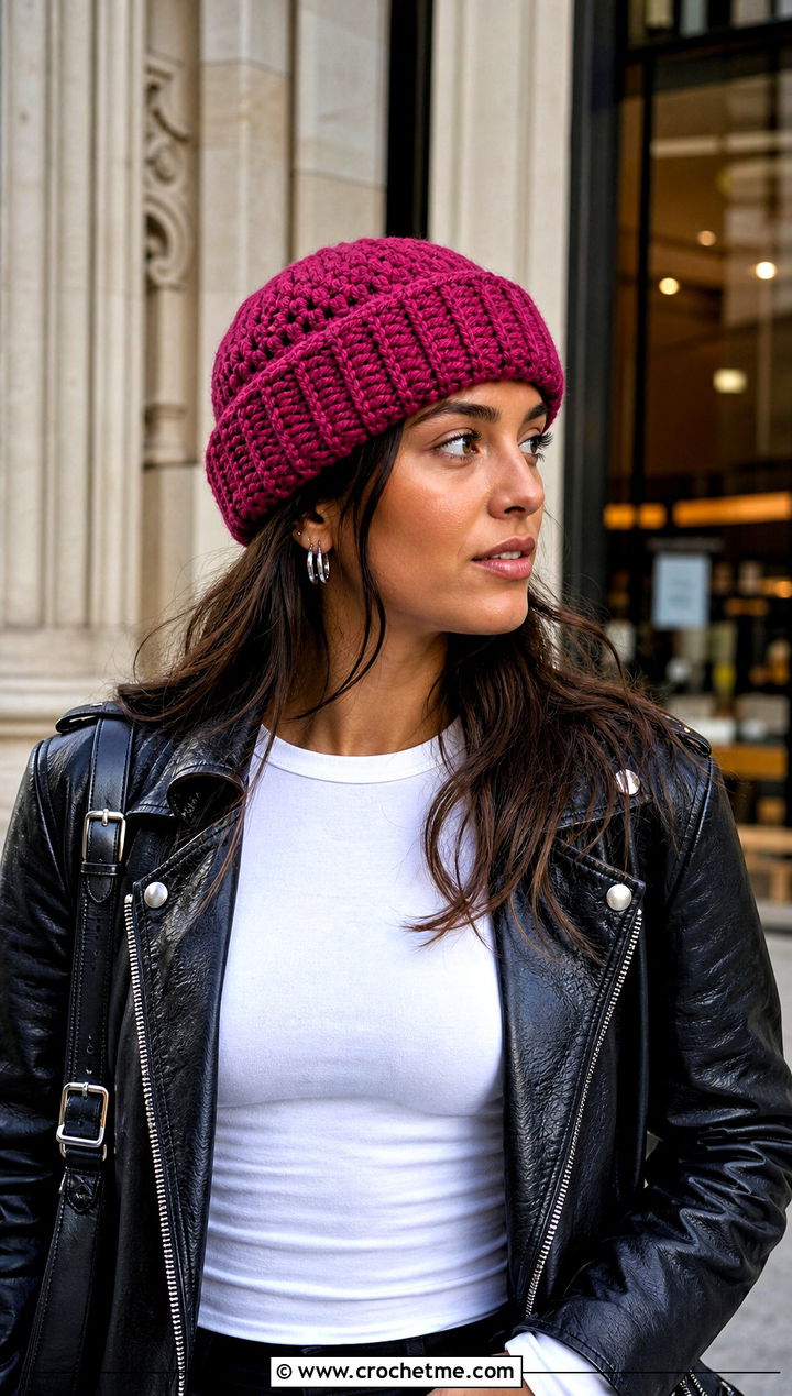 Cuffed Crochet Beanie With Leather Jacket - 25 Cute Crochet Hats outfit ideas