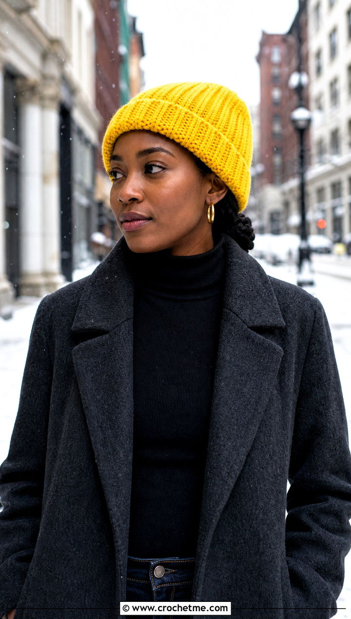 Cuffed Crochet Beanie With Long Wool Coat - 30 crochet hats black women outfit ideas