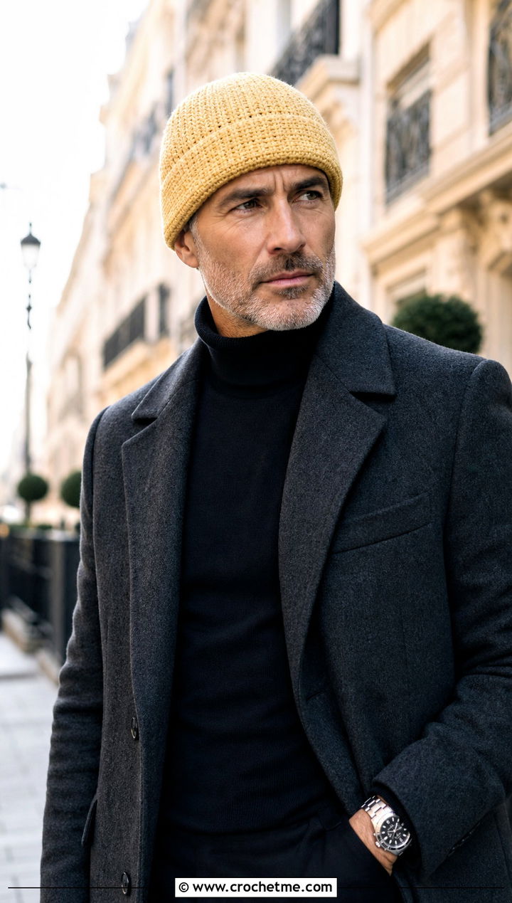 Cuffed Crochet Beanie With Overcoat And Tailored Trousers - 30 men's crochet hats outfit ideas