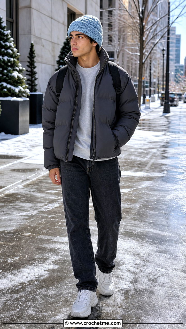 Cuffed Crochet Beanie With Puffer Jacket - 35 crochet hats men outfit ideas
