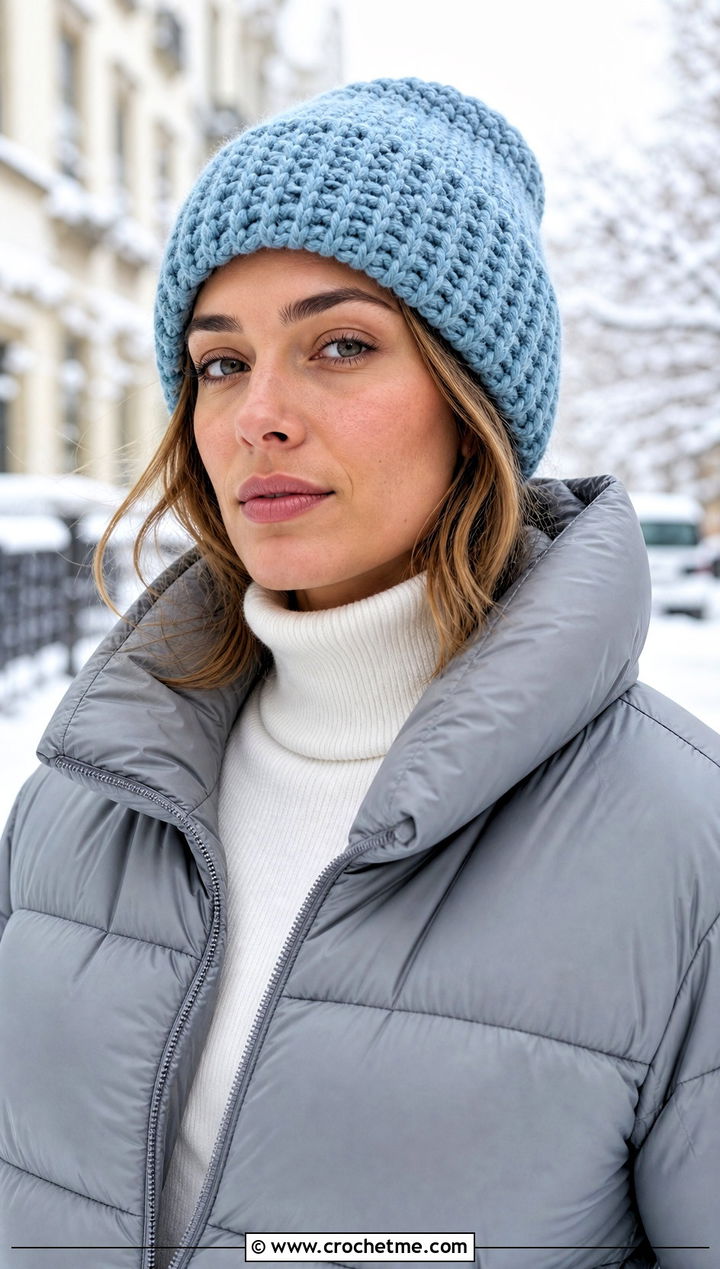 Cuffed Crochet Beanie With Puffer Jacket Outfit - 25 Unisex Crochet Hat outfit ideas