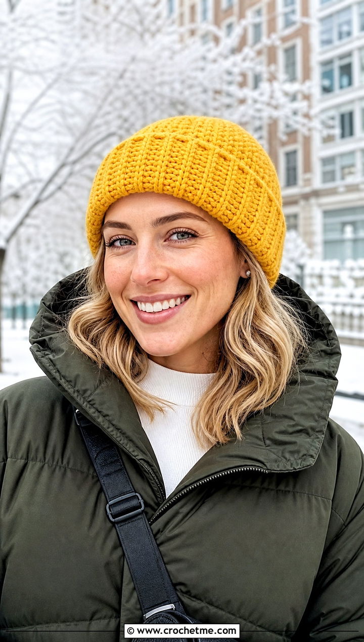 Cuffed Crochet Beanie With Puffer Jacket - 30 Crochet Womens Hat outfit ideas