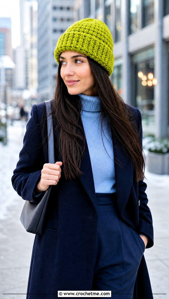 Cuffed Crochet Beanie With Straight Hair And Wool Coat - 30 crochet hat with hair outfit ideas