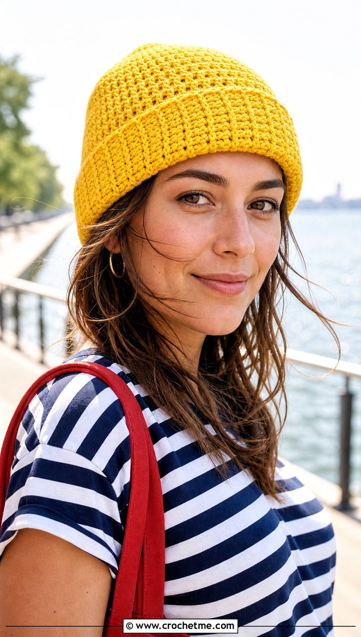 Cuffed Crochet Beanie With Striped Tee And Denim Skirt - 30 summer crochet beanie outfit ideas